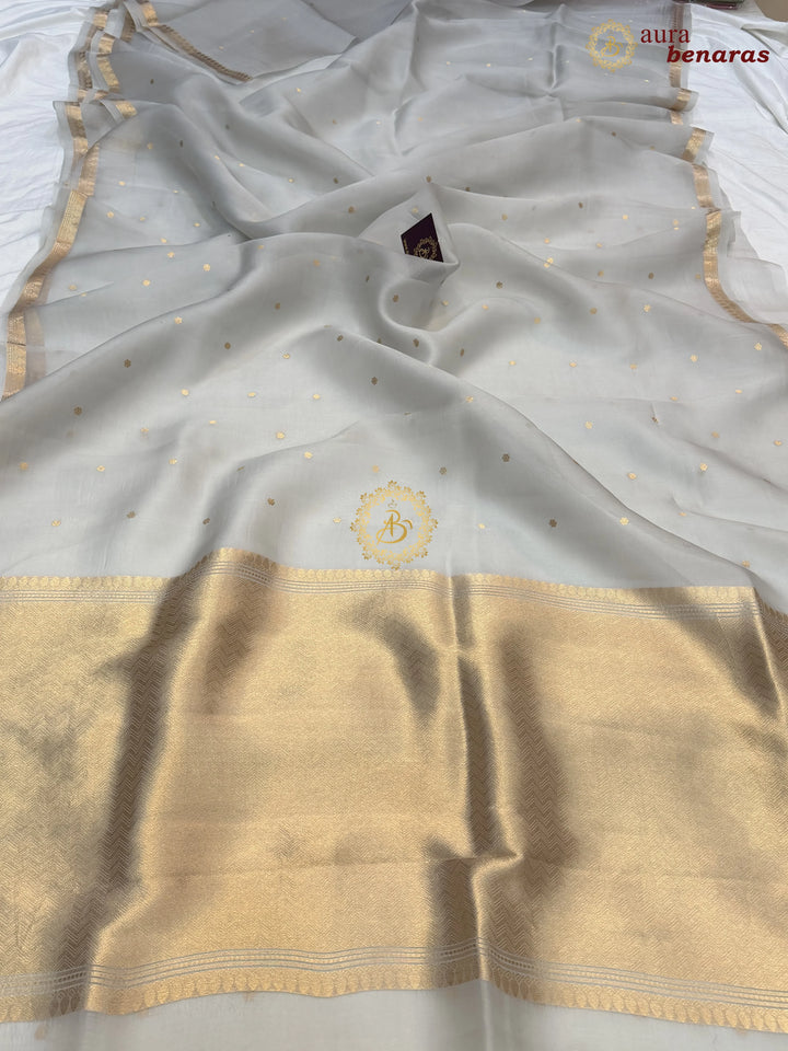 Smoke Grey Kora Silk Banarasi Saree with Zari Butis 