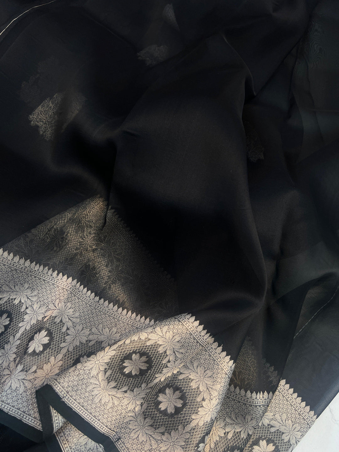 Black Pure Kora Silk Handloom Banarasi Saree