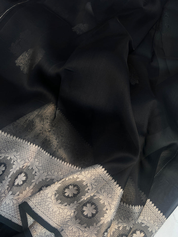 Black Pure Kora Silk Handloom Banarasi Saree