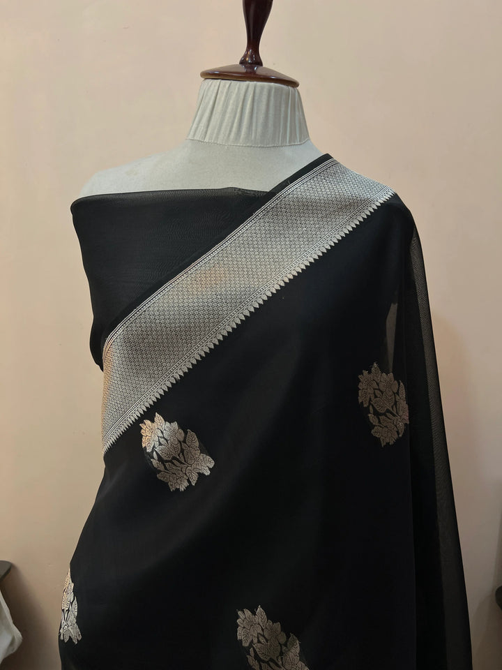 Black Pure Kora Silk Handloom Banarasi Saree