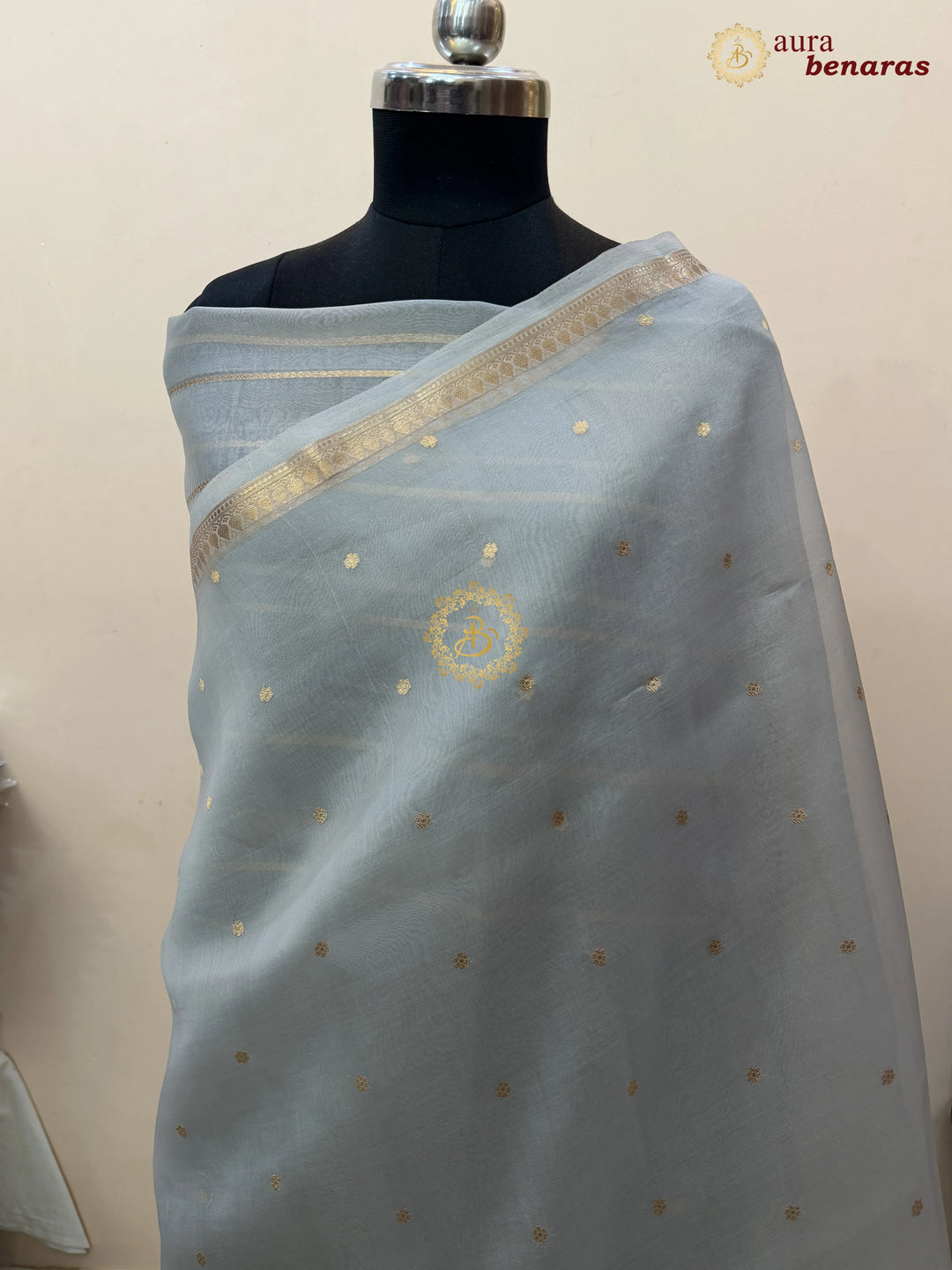 Smoke Grey Kora Silk Banarasi Saree with Zari Butis 