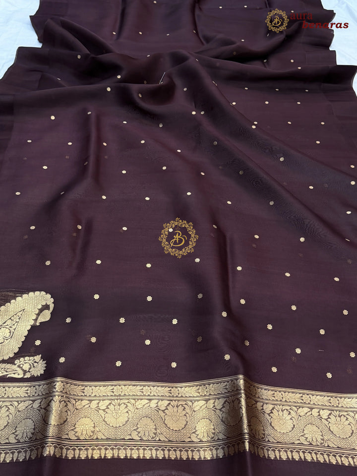Coffee Brown Pure Banarasi Handloom Kora Silk Saree with Kadhwa Butis