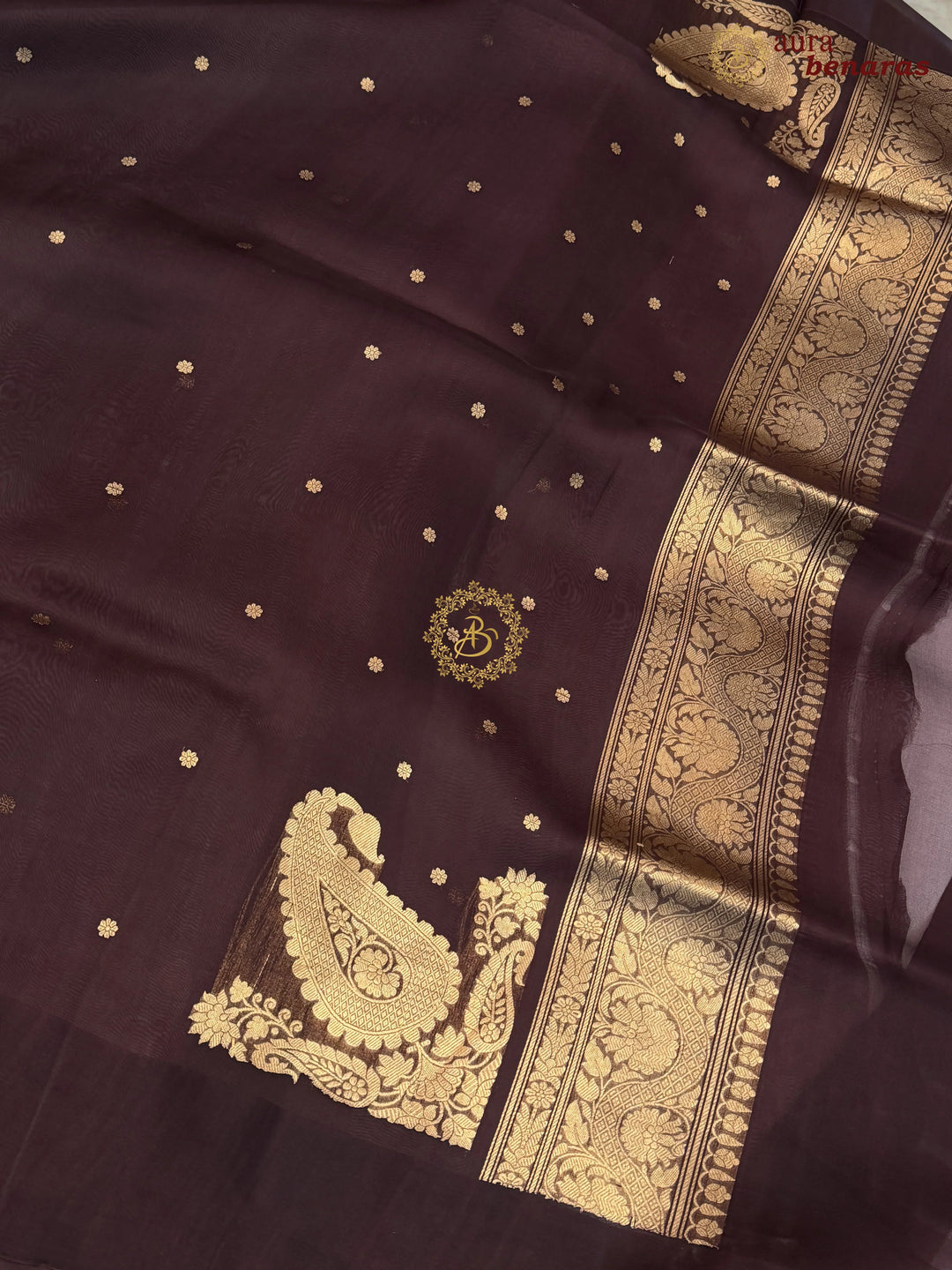 Coffee Brown Pure Banarasi Handloom Kora Silk Saree with Kadhwa Butis