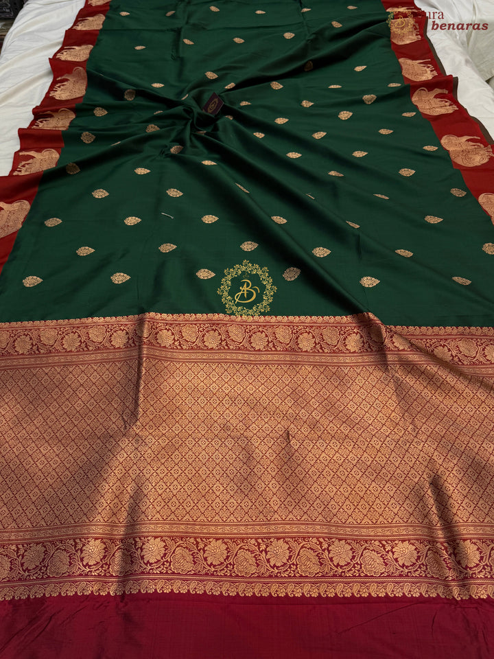 Bottle Green Pure Katan Silk Handloom Banarasi Saree