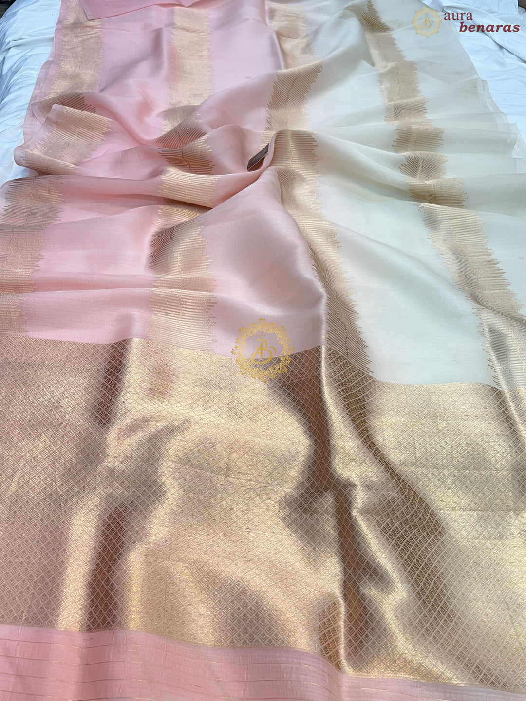 Off White - Baby Pink Shaded Pure Kora Silk Handloom Banarasi Saree