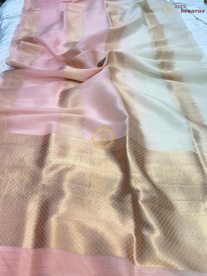 Off White - Baby Pink Shaded Pure Kora Silk Handloom Banarasi Saree