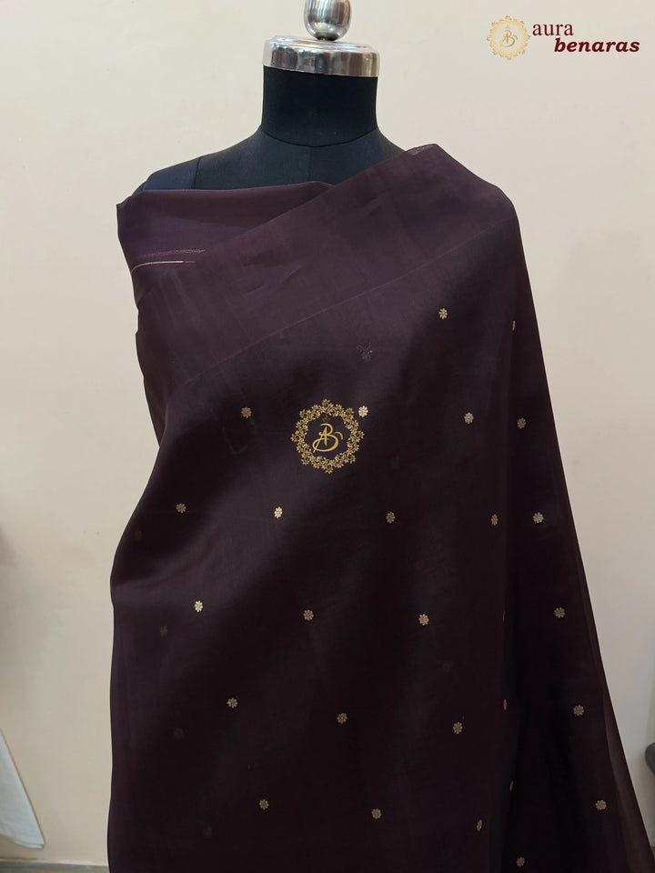 Coffee Brown Pure Banarasi Handloom Kora Silk Saree with Kadhwa Butis