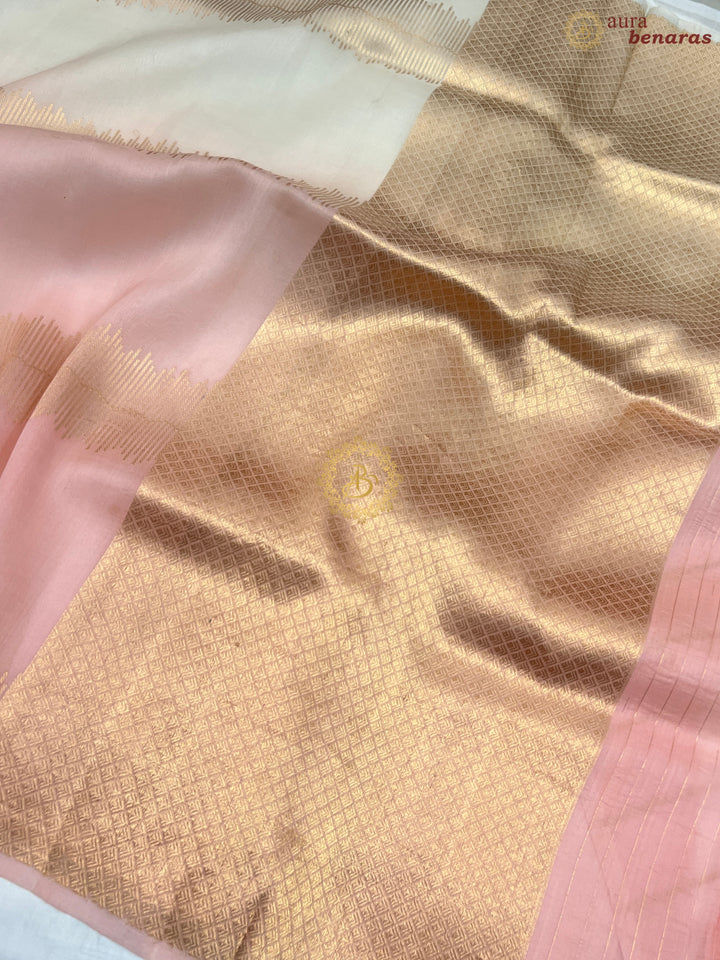 Off White - Baby Pink Shaded Pure Kora Silk Handloom Banarasi Saree