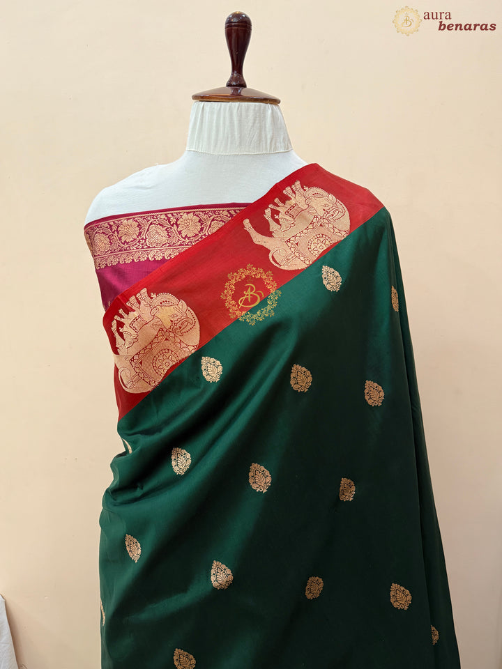 Bottle Green Pure Katan Silk Handloom Banarasi Saree