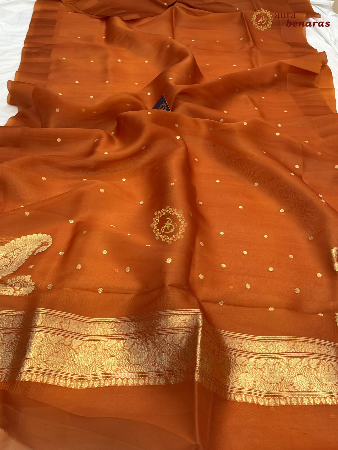 Rust Orange Pure Banarasi Handloom Kora Silk Saree with Kadhwa Butis