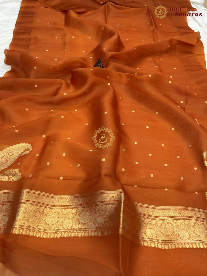 Rust Orange Pure Banarasi Handloom Kora Silk Saree with Kadhwa Butis