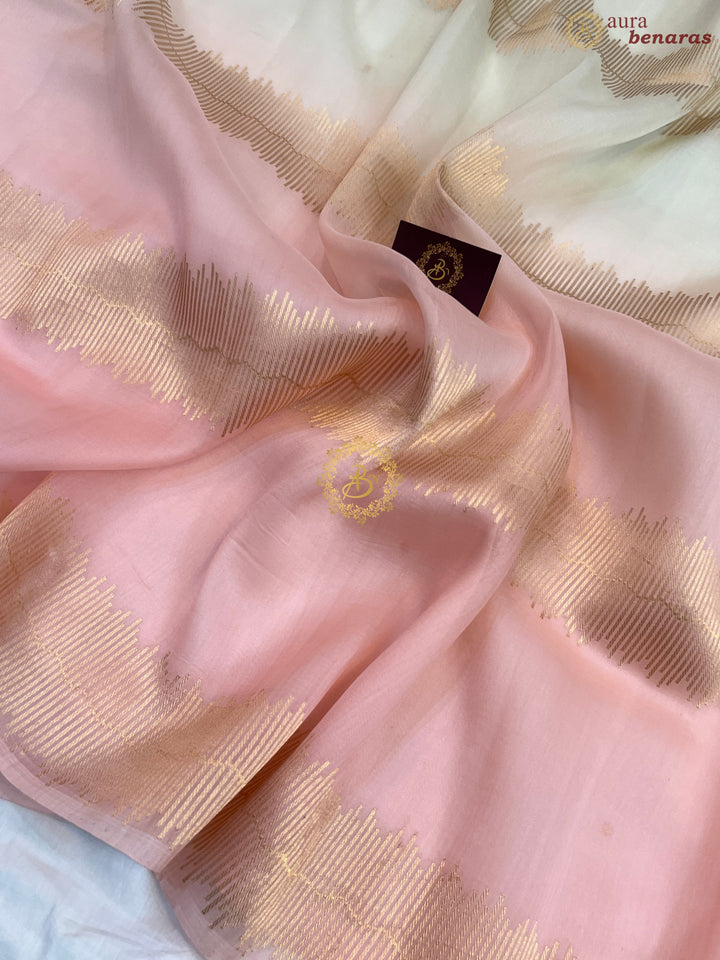 Off White - Baby Pink Shaded Pure Kora Silk Handloom Banarasi Saree