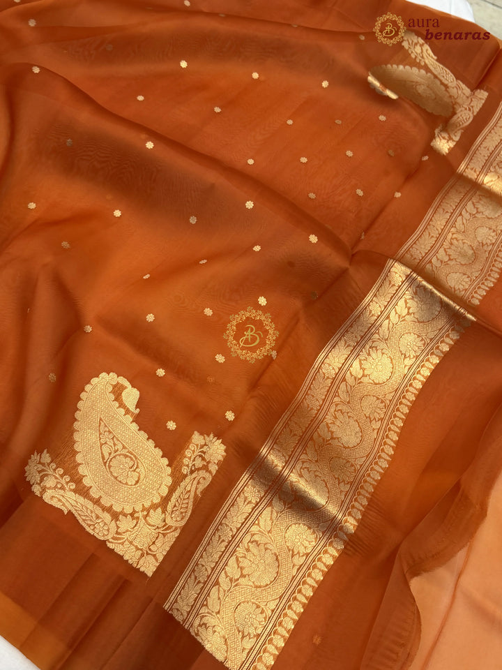 Rust Orange Pure Banarasi Handloom Kora Silk Saree with Kadhwa Butis