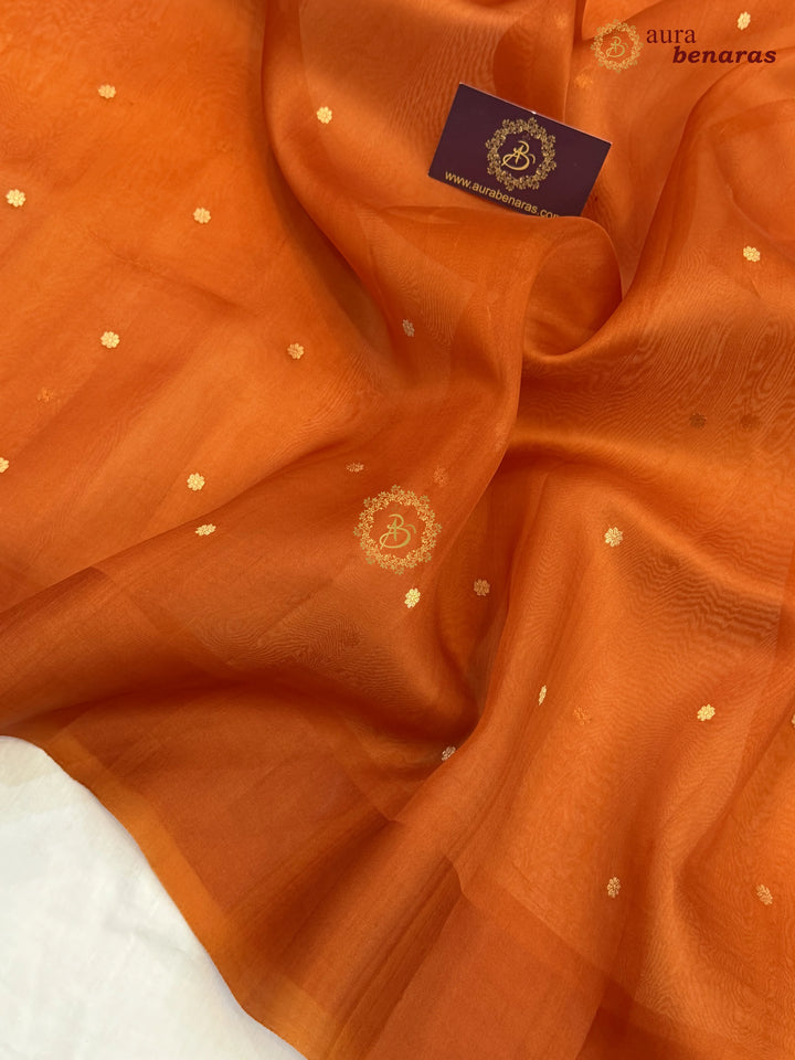 Rust Orange Pure Banarasi Handloom Kora Silk Saree with Kadhwa Butis