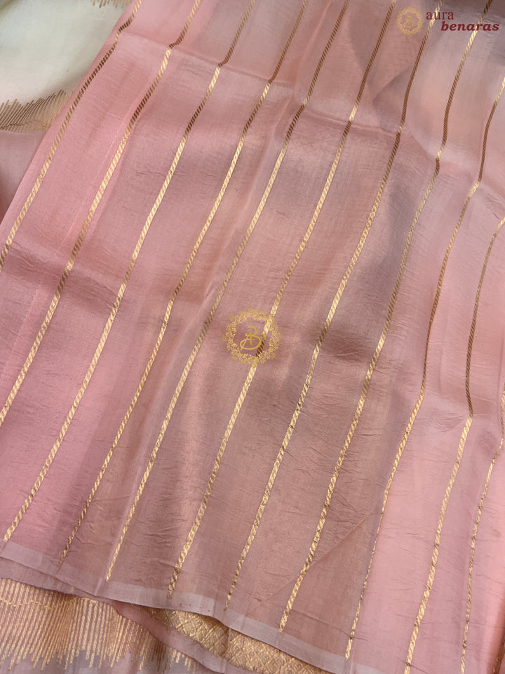 Off White - Baby Pink Shaded Pure Kora Silk Handloom Banarasi Saree