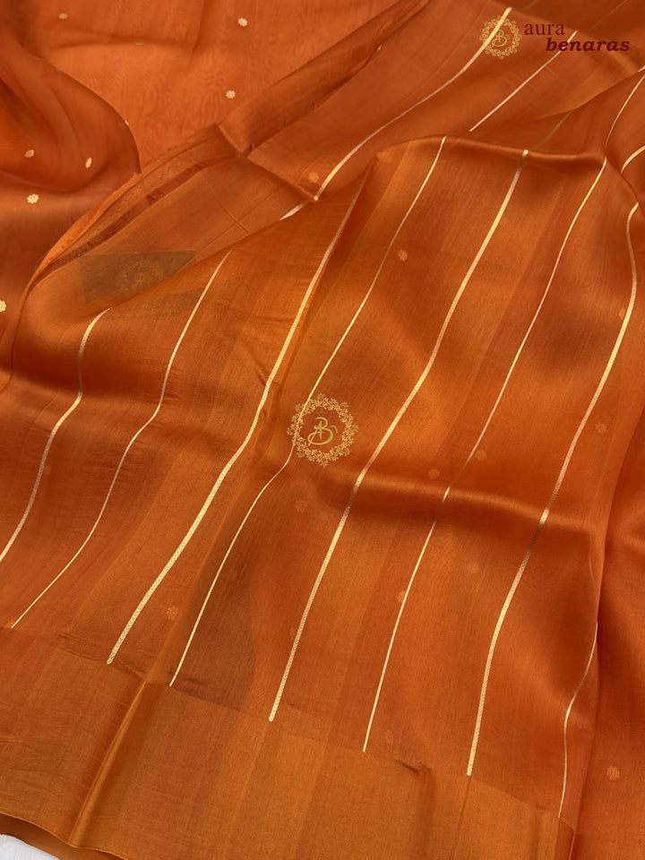 Rust Orange Pure Banarasi Handloom Kora Silk Saree with Kadhwa Butis