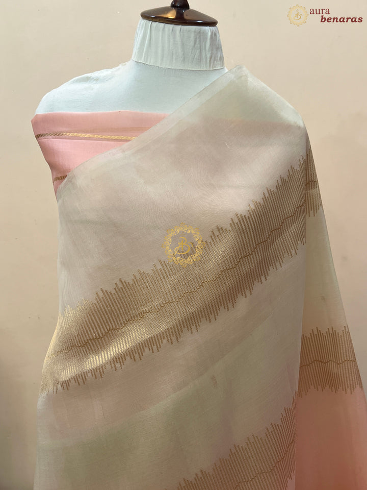 Off White - Baby Pink Shaded Pure Kora Silk Handloom Banarasi Saree