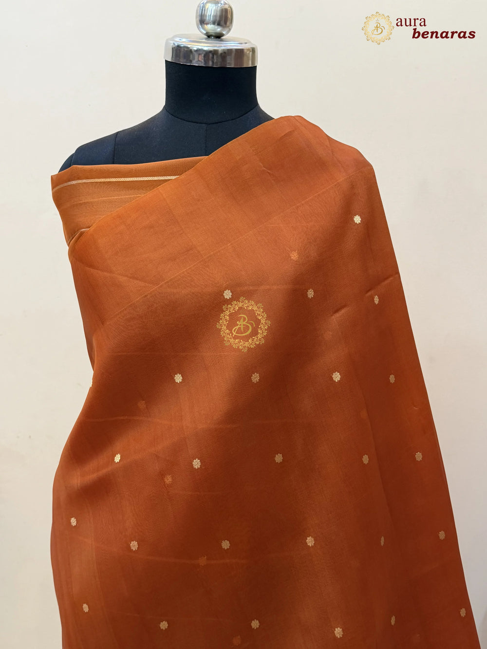 Rust Orange Pure Banarasi Handloom Kora Silk Saree with Kadhwa Butis