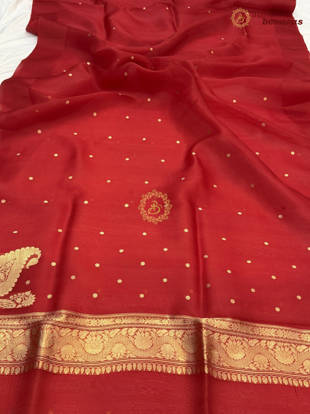 Red Pure Banarasi Handloom Kora Silk Saree with Kadhwa Butis