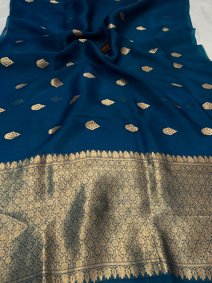 Teal Pure Kora Silk Handloom Banarasi Saree