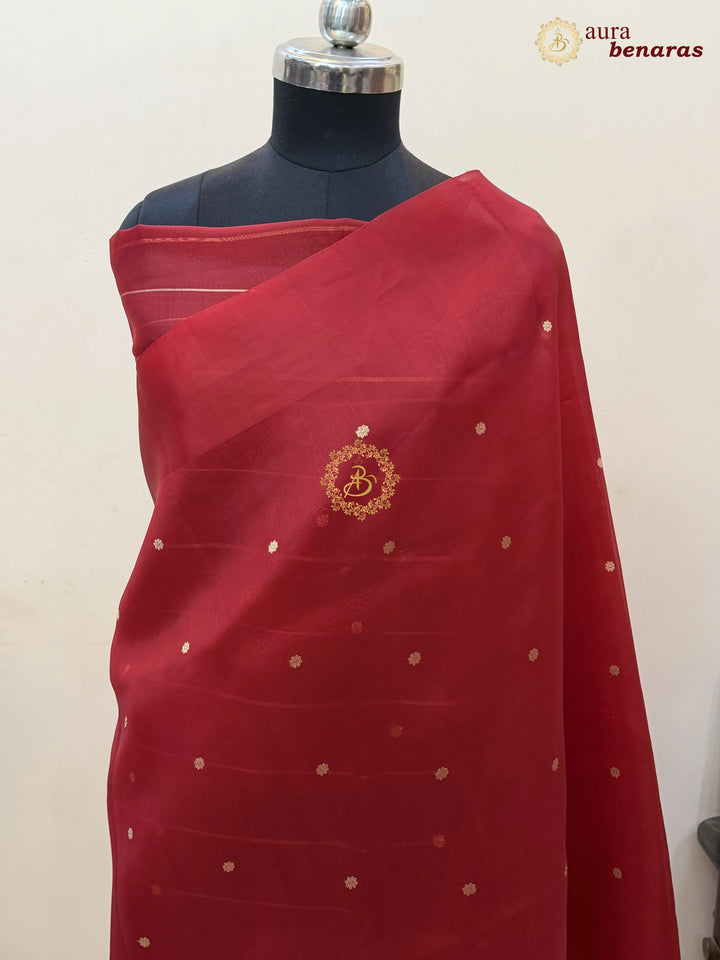 Red Pure Banarasi Handloom Kora Silk Saree with Kadhwa Butis