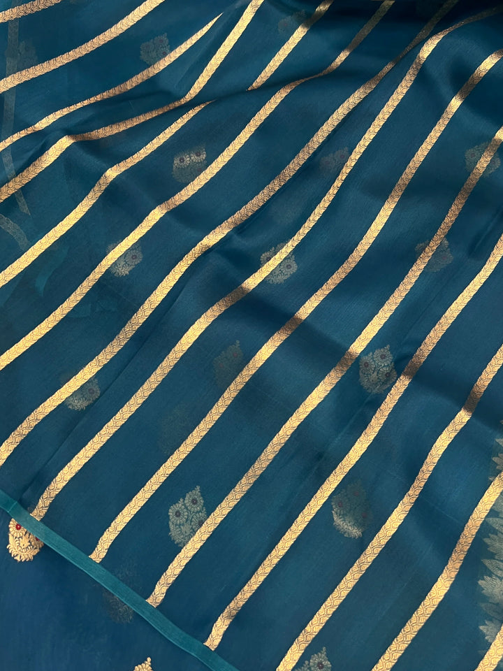 Teal Pure Kora Silk Handloom Banarasi Saree