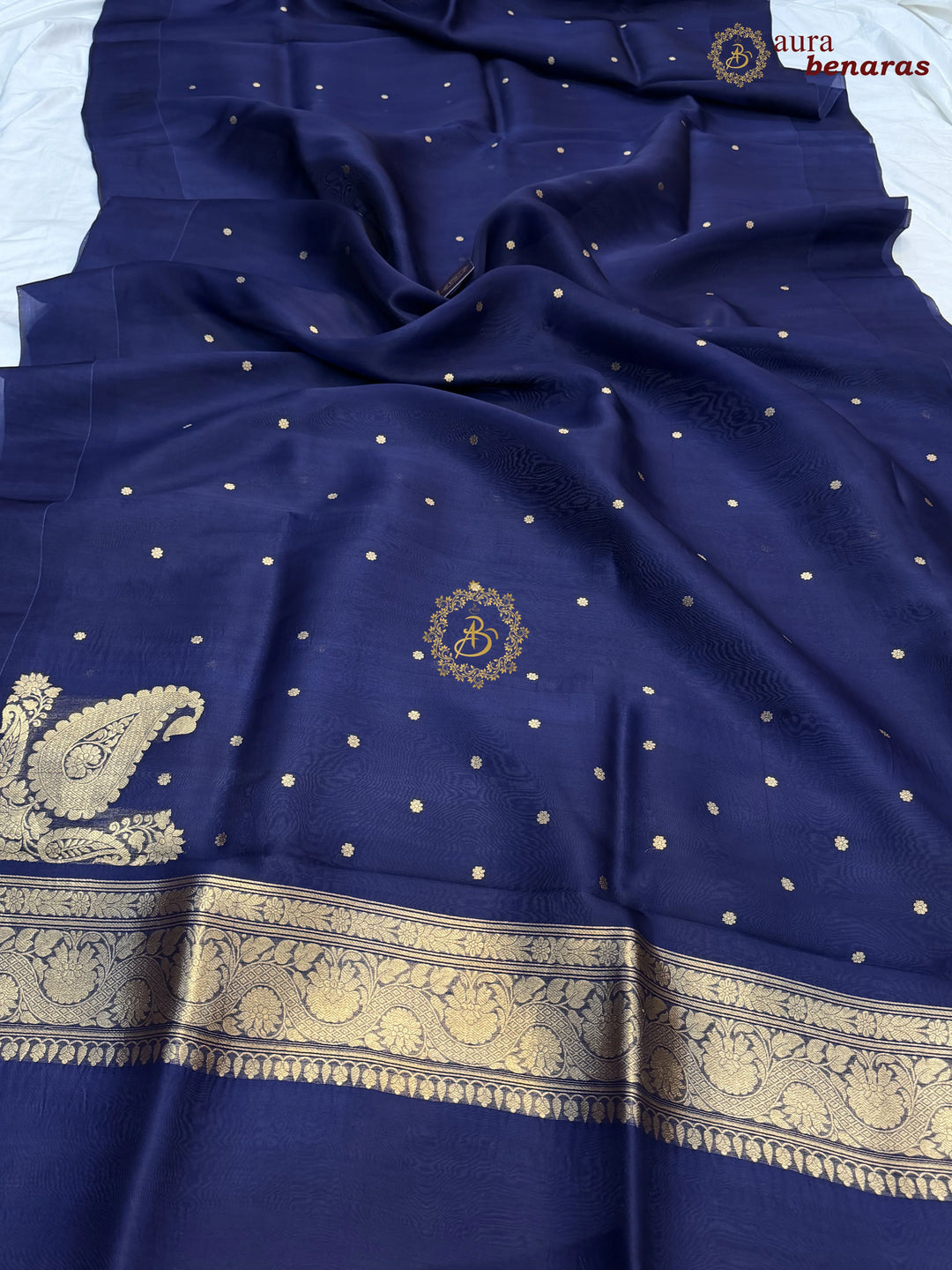 Navy Blue Pure Banarasi Handloom Kora Silk Saree with Kadhwa Butis