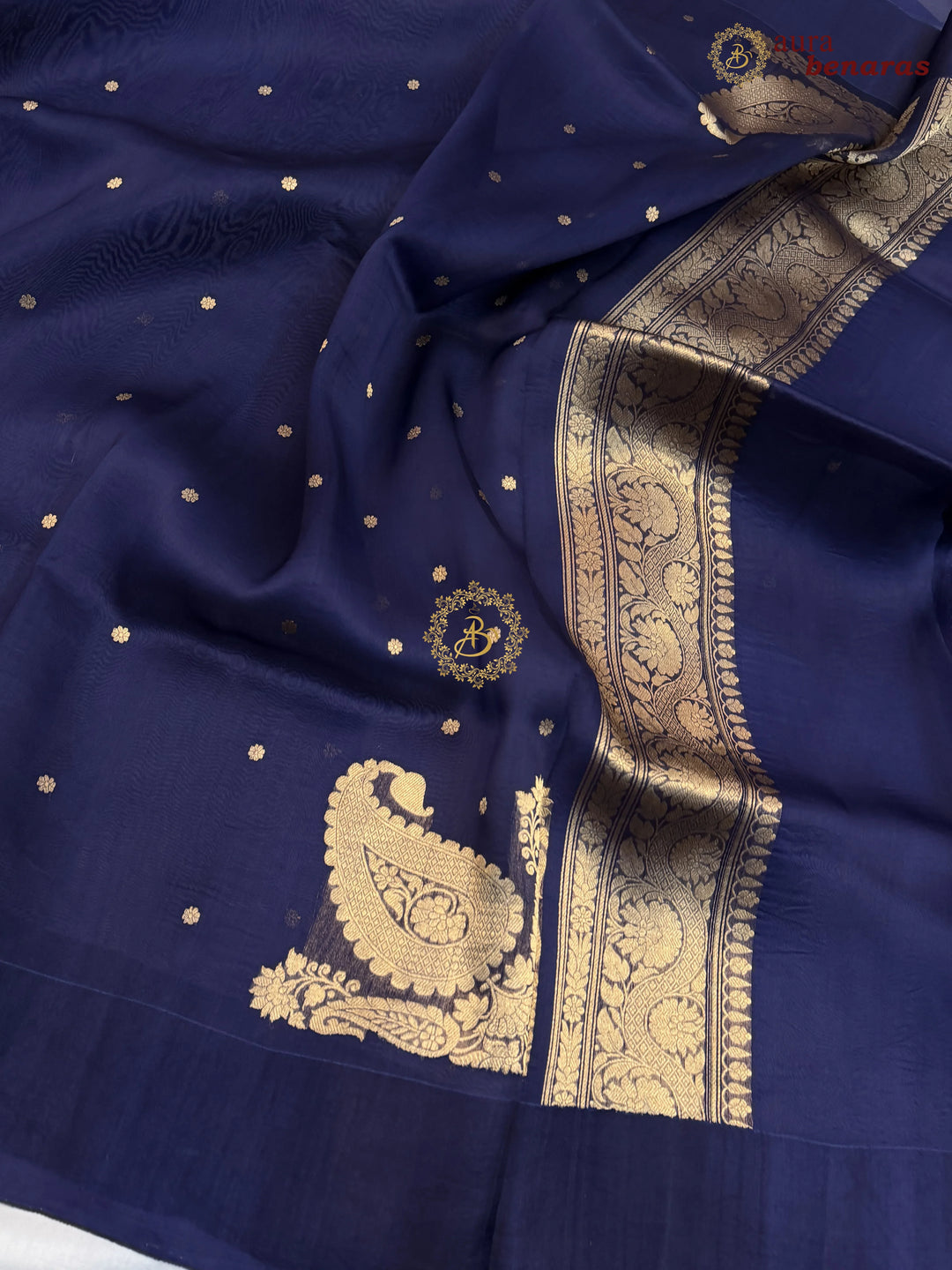 Navy Blue Pure Banarasi Handloom Kora Silk Saree with Kadhwa Butis