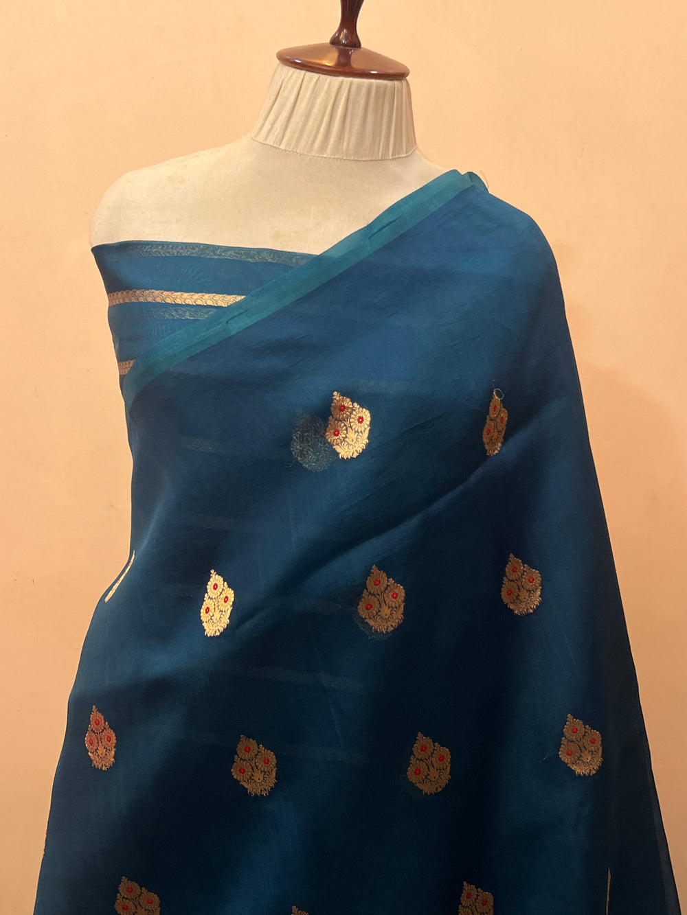 Teal Pure Kora Silk Handloom Banarasi Saree