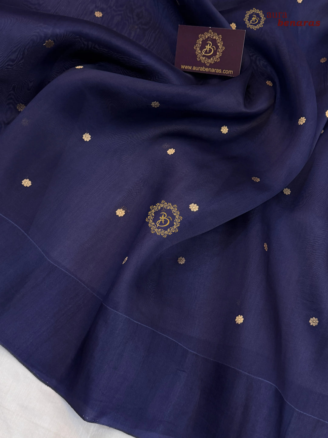 Navy Blue Pure Banarasi Handloom Kora Silk Saree with Kadhwa Butis