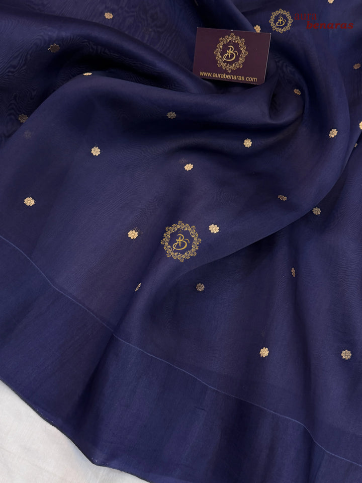 Navy Blue Pure Banarasi Handloom Kora Silk Saree with Kadhwa Butis