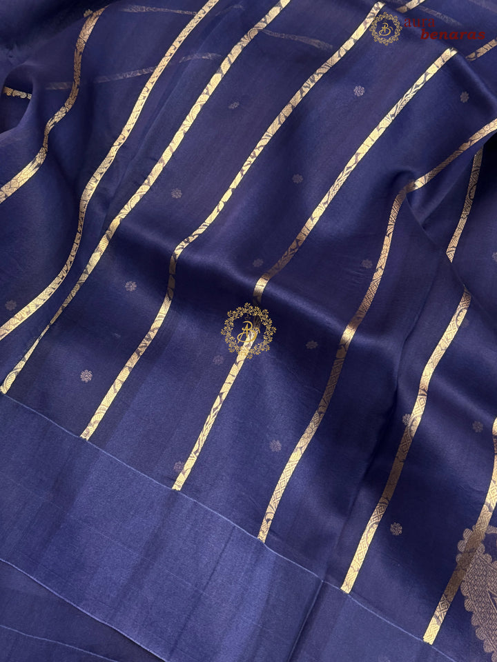 Navy Blue Pure Banarasi Handloom Kora Silk Saree with Kadhwa Butis