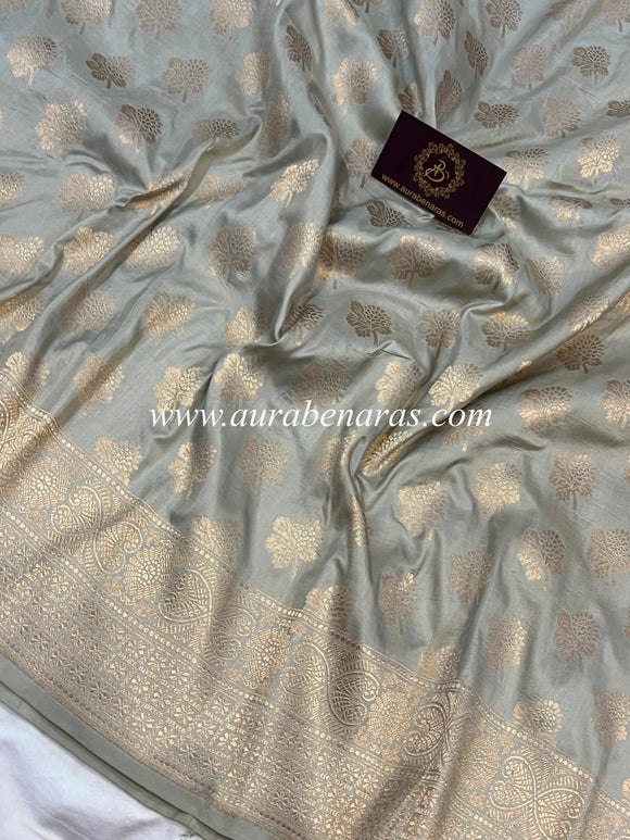 Pastel Grey Pure Banarasi Handloom Katan Silk Saree - Aura Benaras