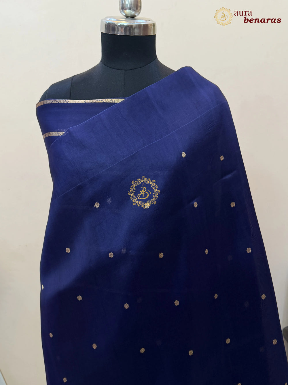 Navy Blue Pure Banarasi Handloom Kora Silk Saree with Kadhwa Butis