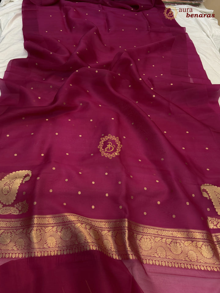 Rani Pink Pure Banarasi Handloom Kora Silk Saree with Kadhwa Butis