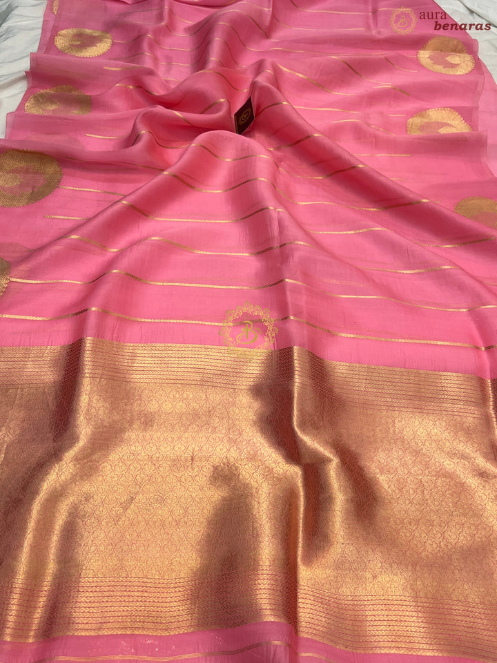 Baby Pink Banarasi Handloom Kora Silk Saree