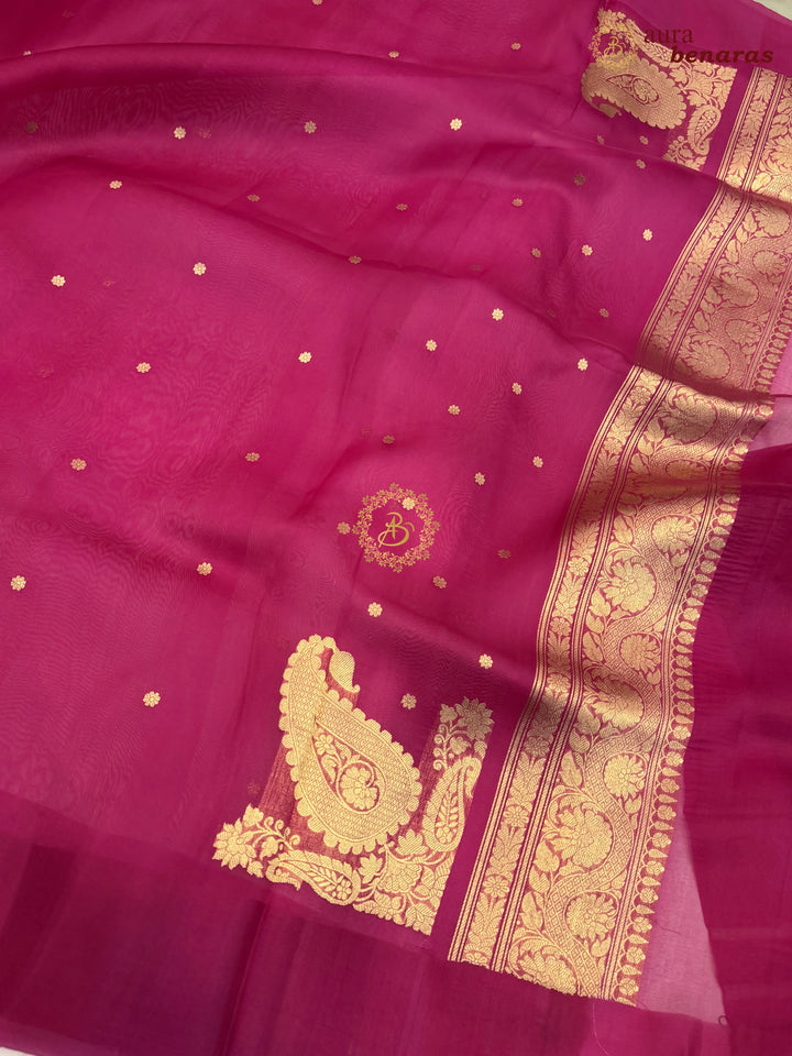 Rani Pink Pure Banarasi Handloom Kora Silk Saree with Kadhwa Butis