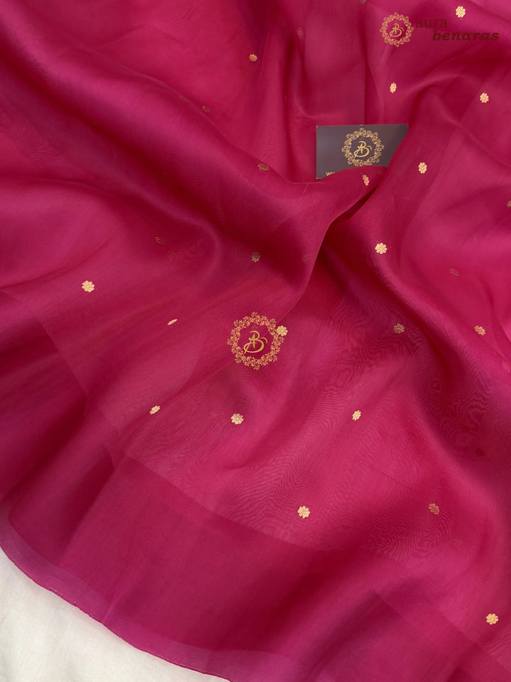 Rani Pink Pure Banarasi Handloom Kora Silk Saree with Kadhwa Buti & Mashru Border