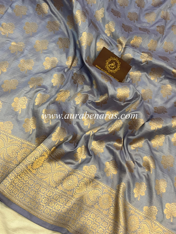 Greyish Lavender Pure Banarasi Handloom Katan Silk Saree - Aura Benaras