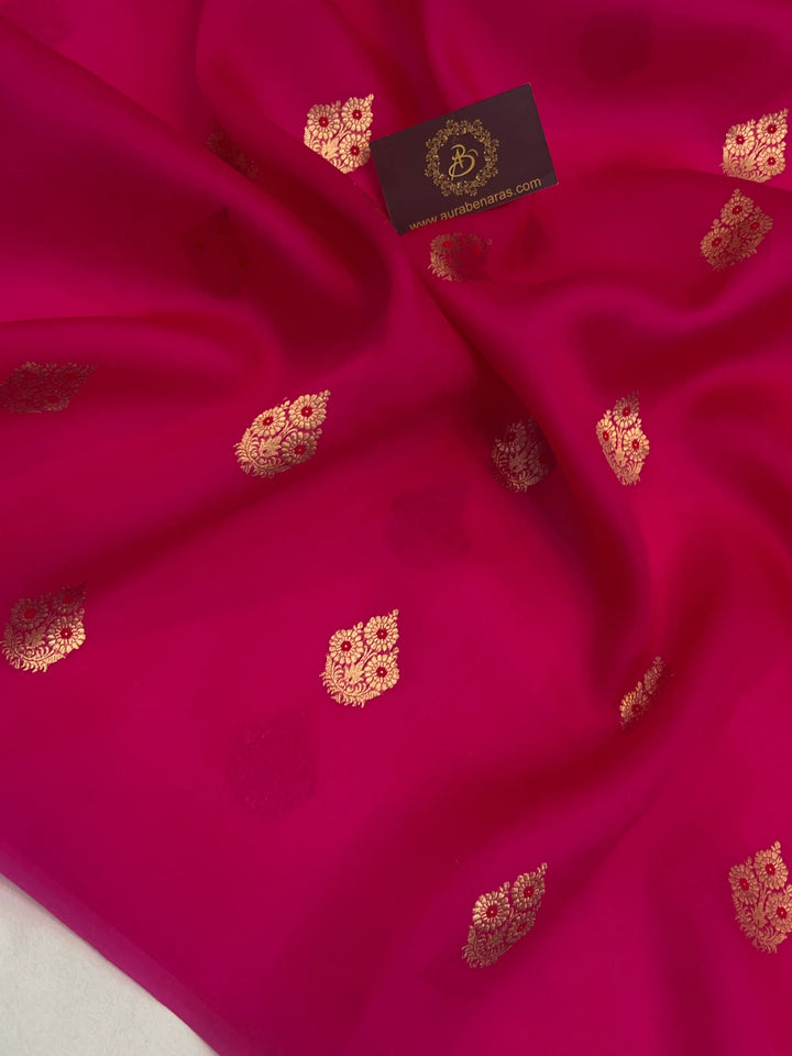Rani Pink Pure Kora Silk Handloom Banarasi Saree