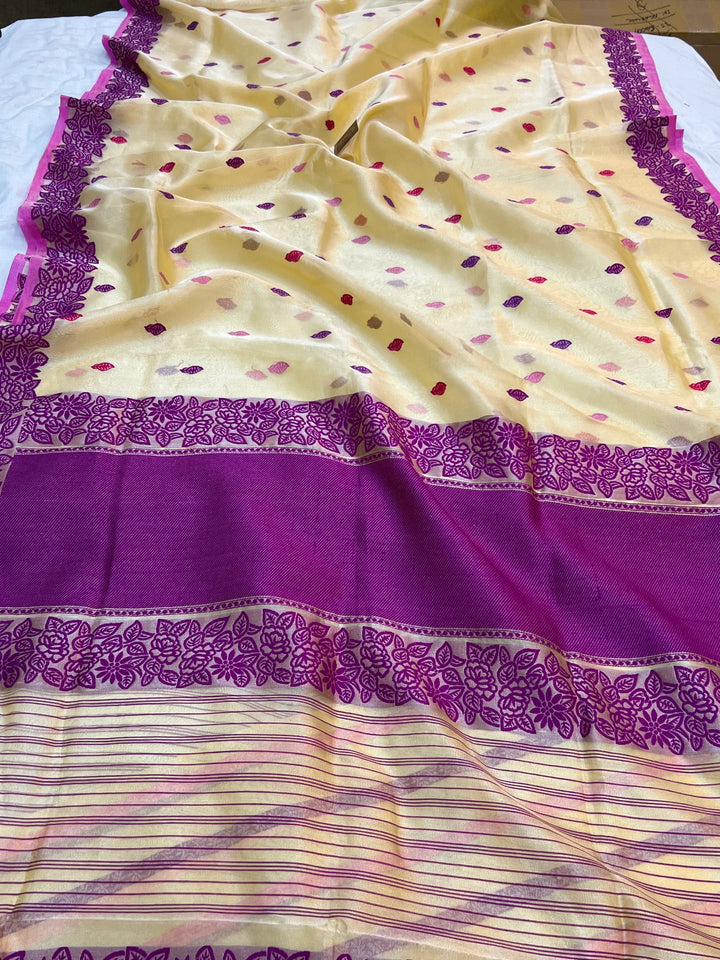 Gold Katan Tissue Silk Saree with Multicolor Kadhwa Butis
