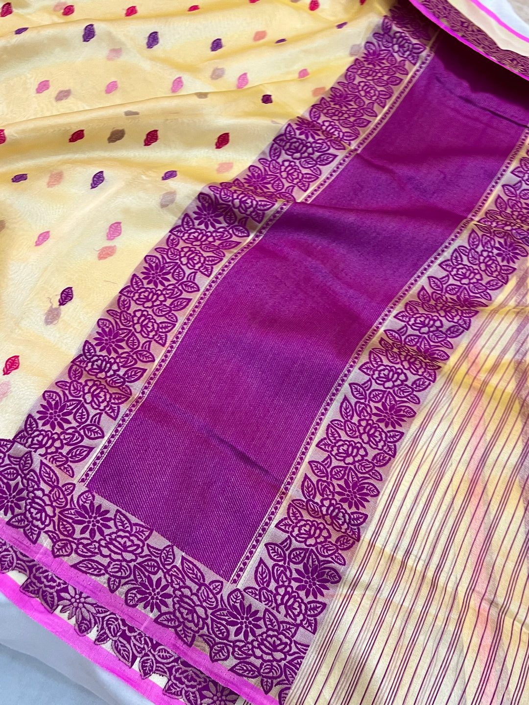 Gold Katan Tissue Silk Saree with Multicolor Kadhwa Butis