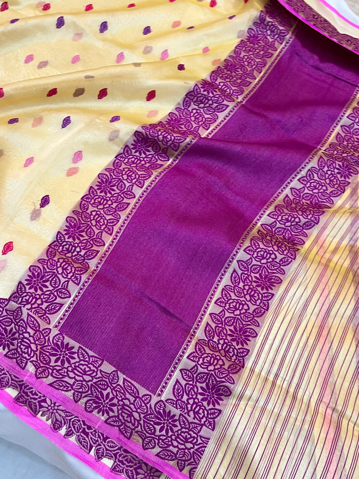 Gold Katan Tissue Silk Saree with Multicolor Kadhwa Butis