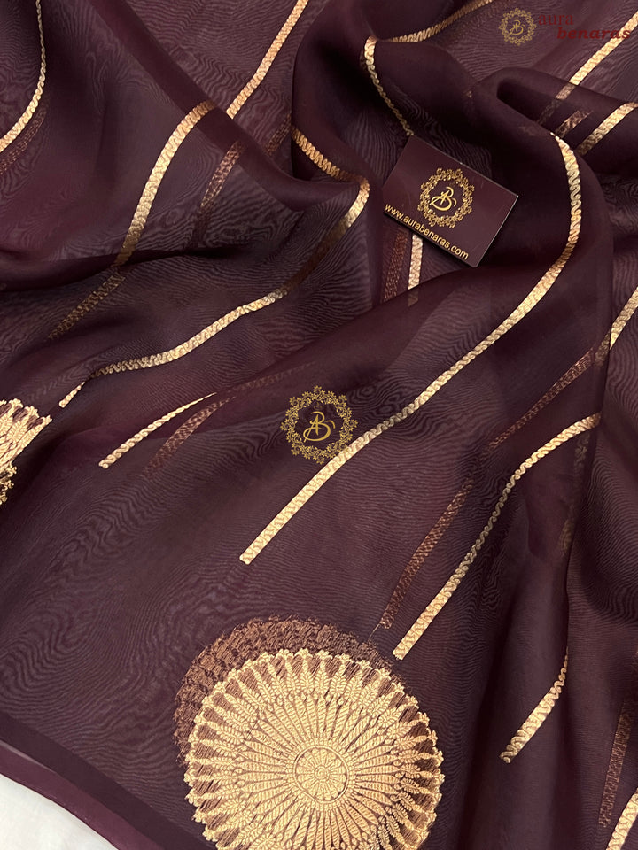 Dark Brown Banarasi Handloom Kora Silk Saree