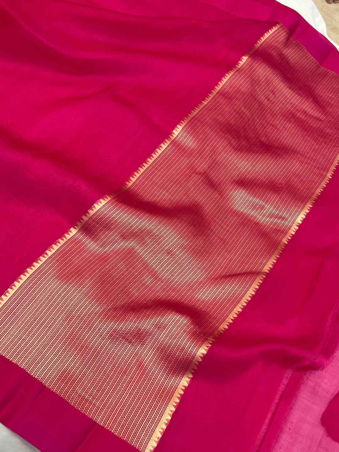 Rani Pink Pure Kora Silk Banarasi Saree with Zari Pallu - Aura Benaras