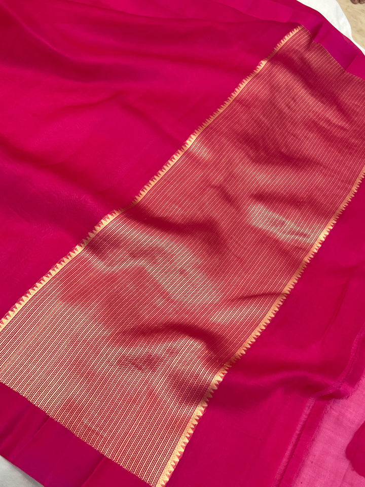 Rani Pink Pure Kora Silk Banarasi Saree with Zari Pallu - Aura Benaras
