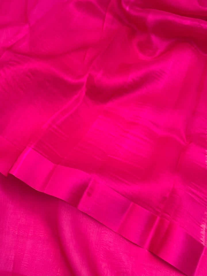 Rani Pink Pure Kora Silk Banarasi Saree with Zari Pallu - Aura Benaras