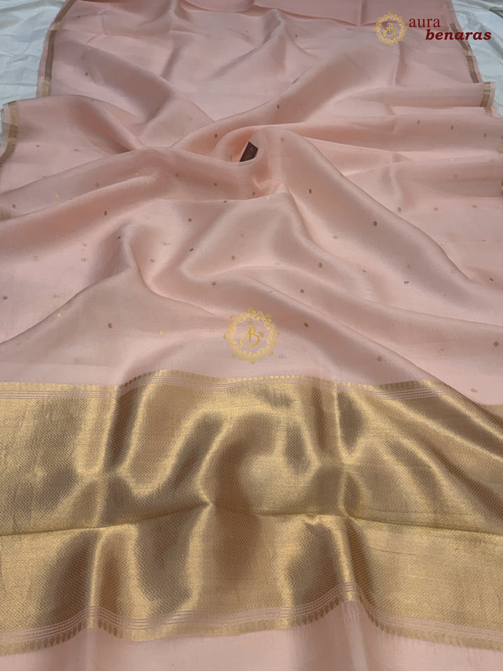 Pale Peach Kora Silk Banarasi Saree with Zari Butis 