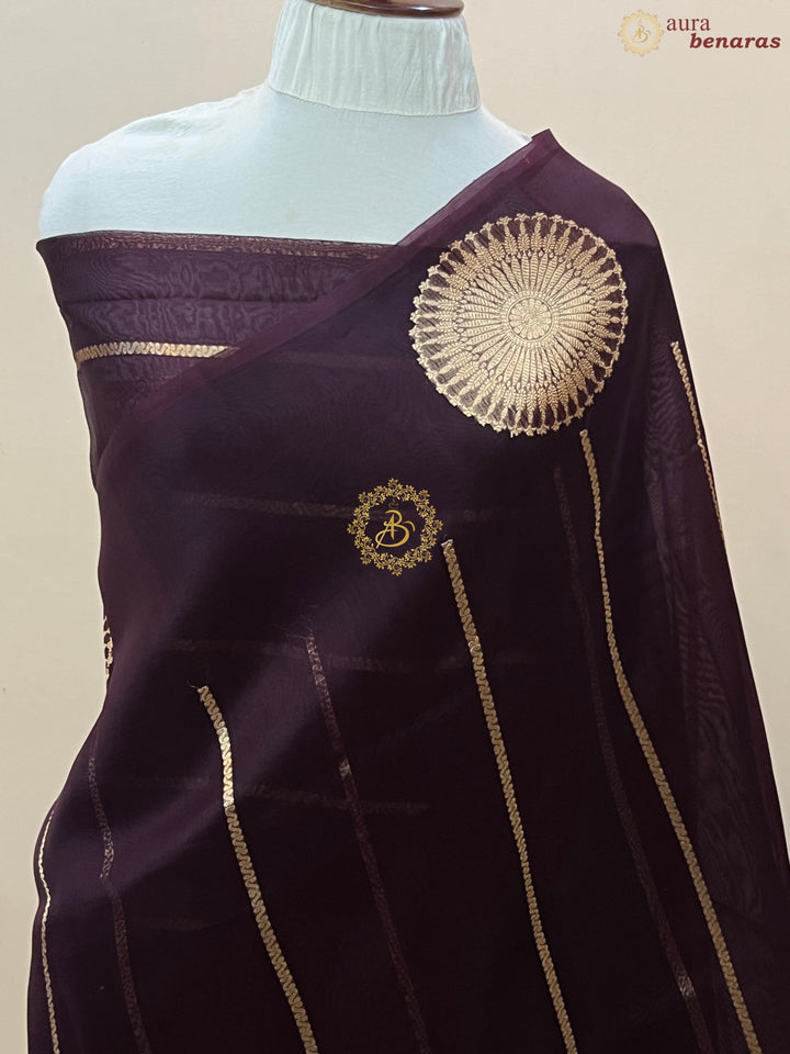 Dark Brown Banarasi Handloom Kora Silk Saree