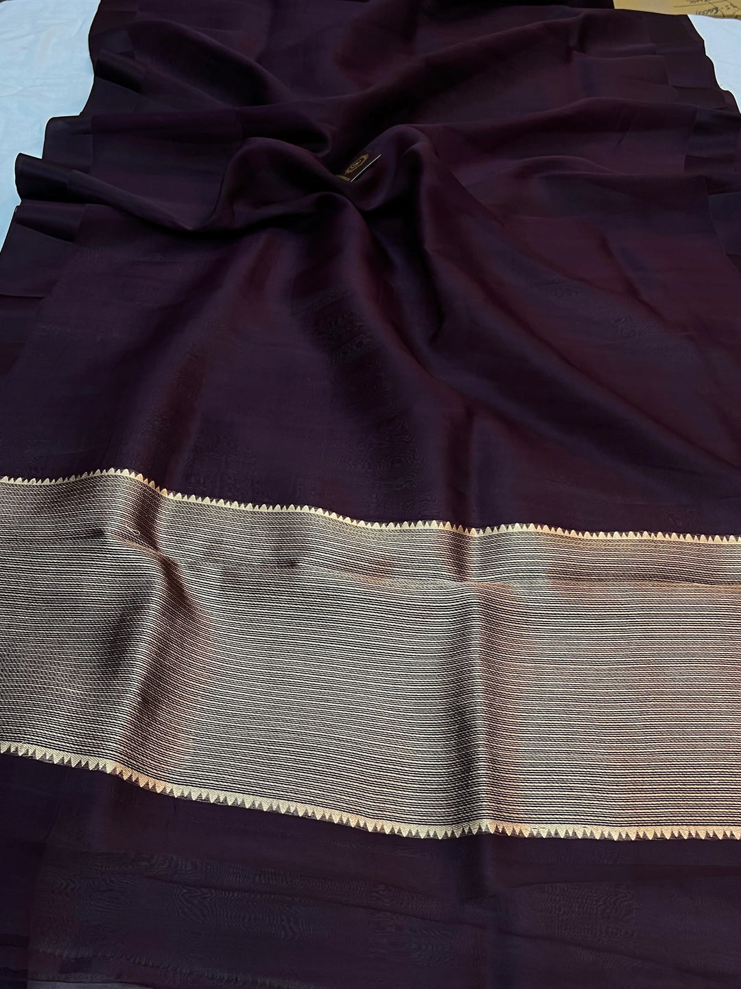 Brown Pure Kora Silk Banarasi Saree with Zari Pallu - Aura Benaras